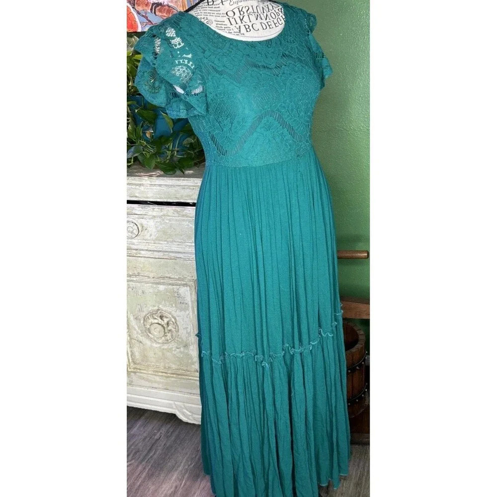 Green Forest Fairy Maxi Dress Boho Whimsy Juniors XS Girls 14 Witchy Cottage